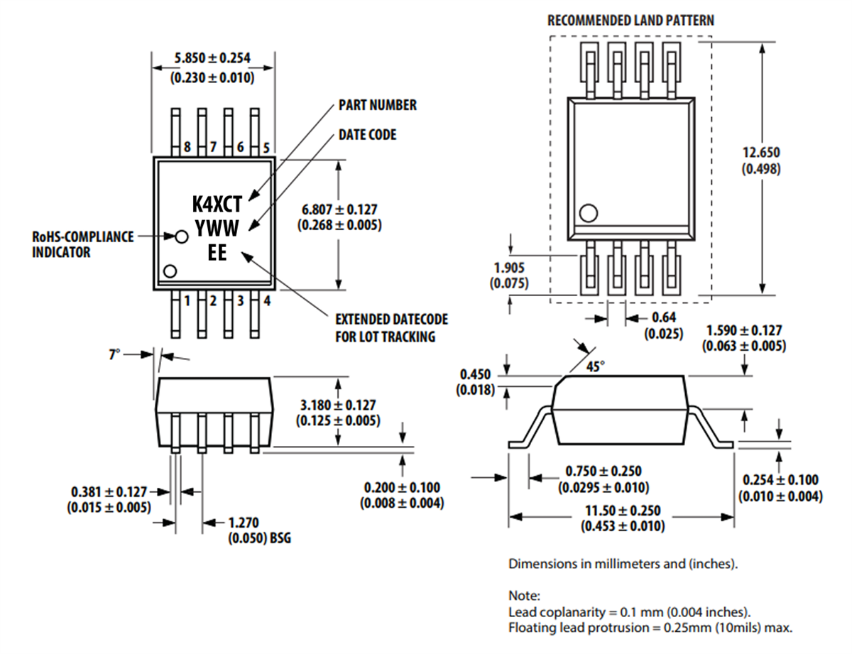 Mechanical Drawing - Broadcom ACPL-K43CT & ACPL-K44CT R2Coupler™  Optocouplers